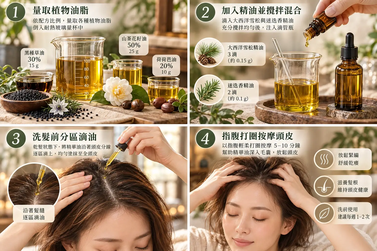 四格示意：秤量植物油、攪拌裝瓶、少量沿髮縫塗抹以及以指腹輕柔按摩後清洗