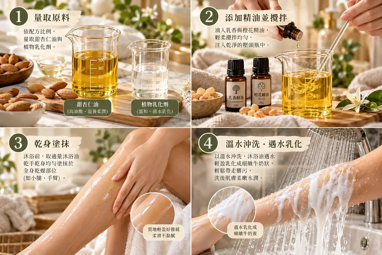 沐浴油常溫混合、裝瓶、塗抹與遇水乳化的四步驟