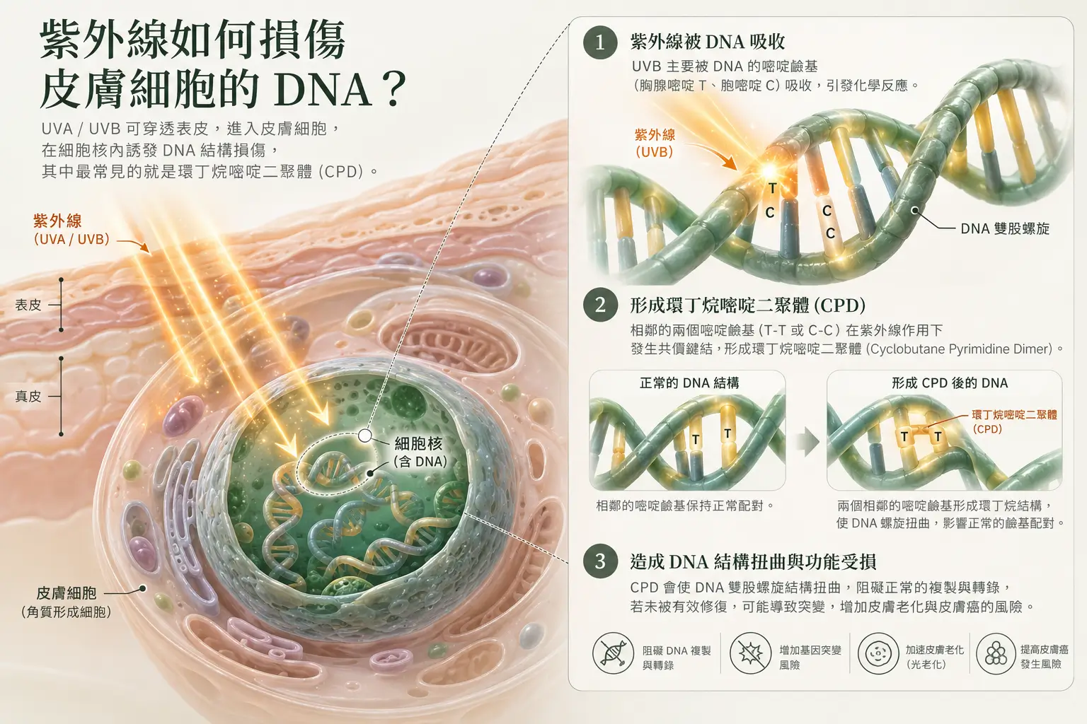 紫外線、DNA 光產物 CPD、活性氧與皮膚層次的科研示意圖