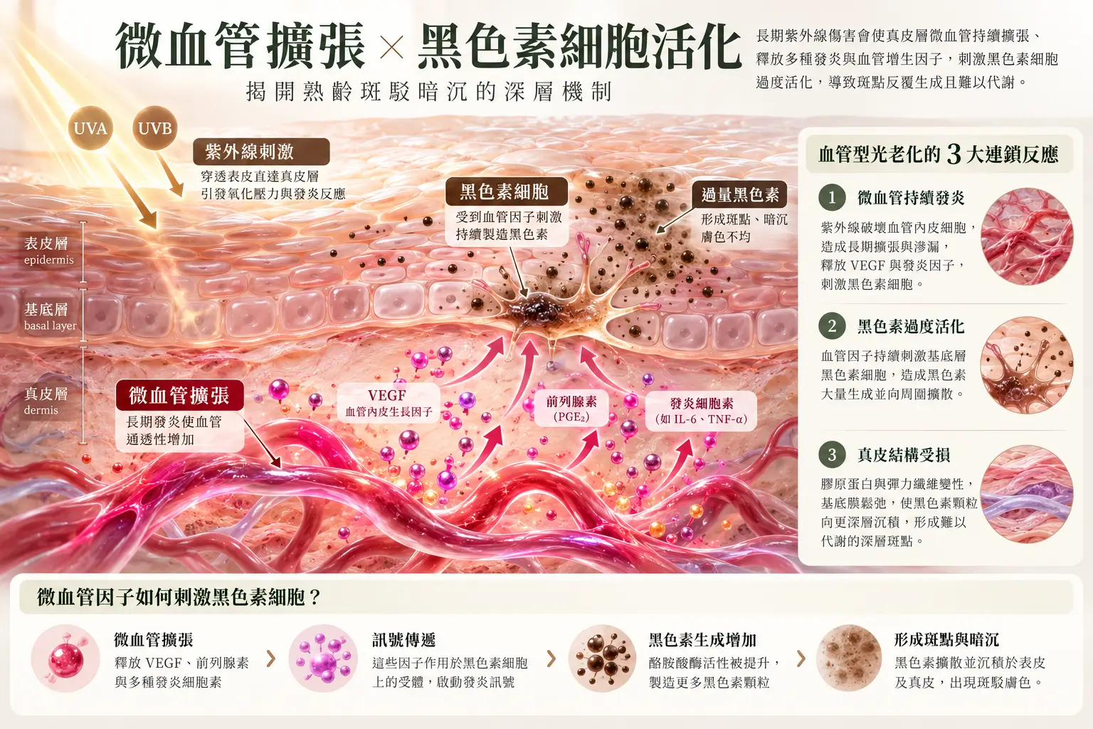 真皮微血管與表皮黑色素細胞在光老化研究中的關聯示意