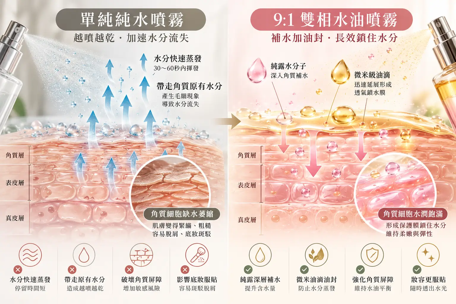 單純水相噴霧與水油雙相配方在表面潤濕、潤膚設計上的差異比較圖