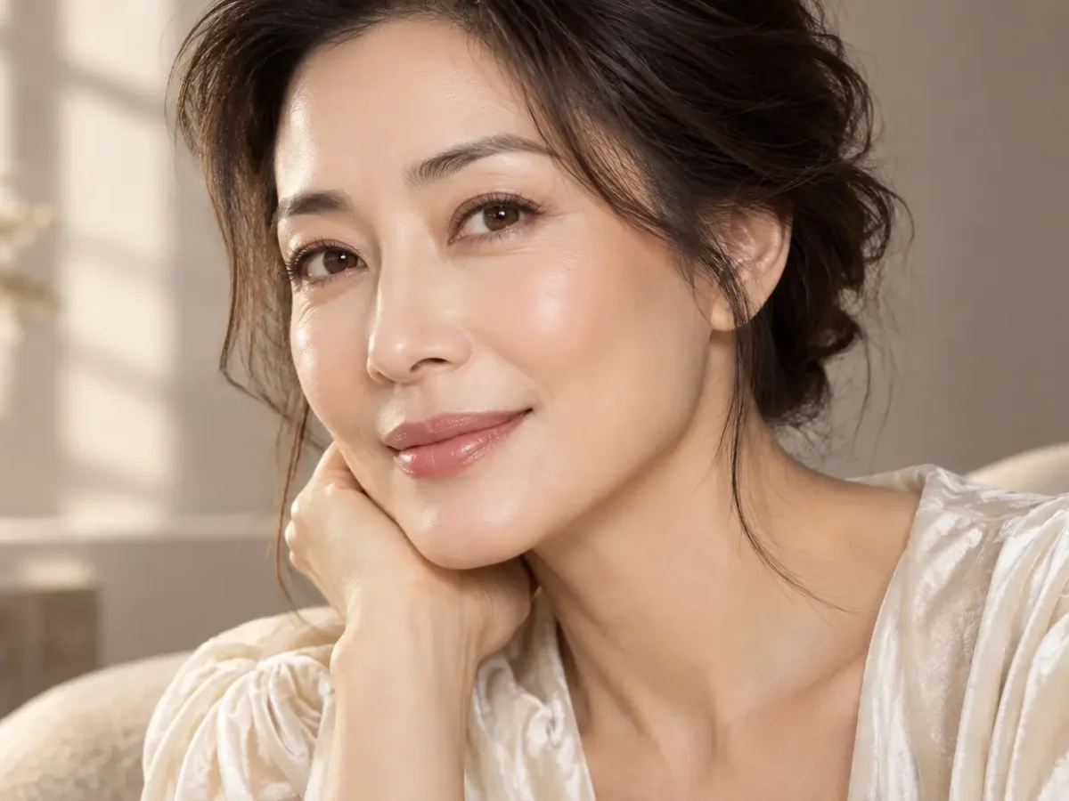 成熟女性優雅側顏微笑，晨光勾勒出細膩平滑、毫無粗大水滴狀毛孔與鬆弛下垂感之緊緻臉頰形象圖