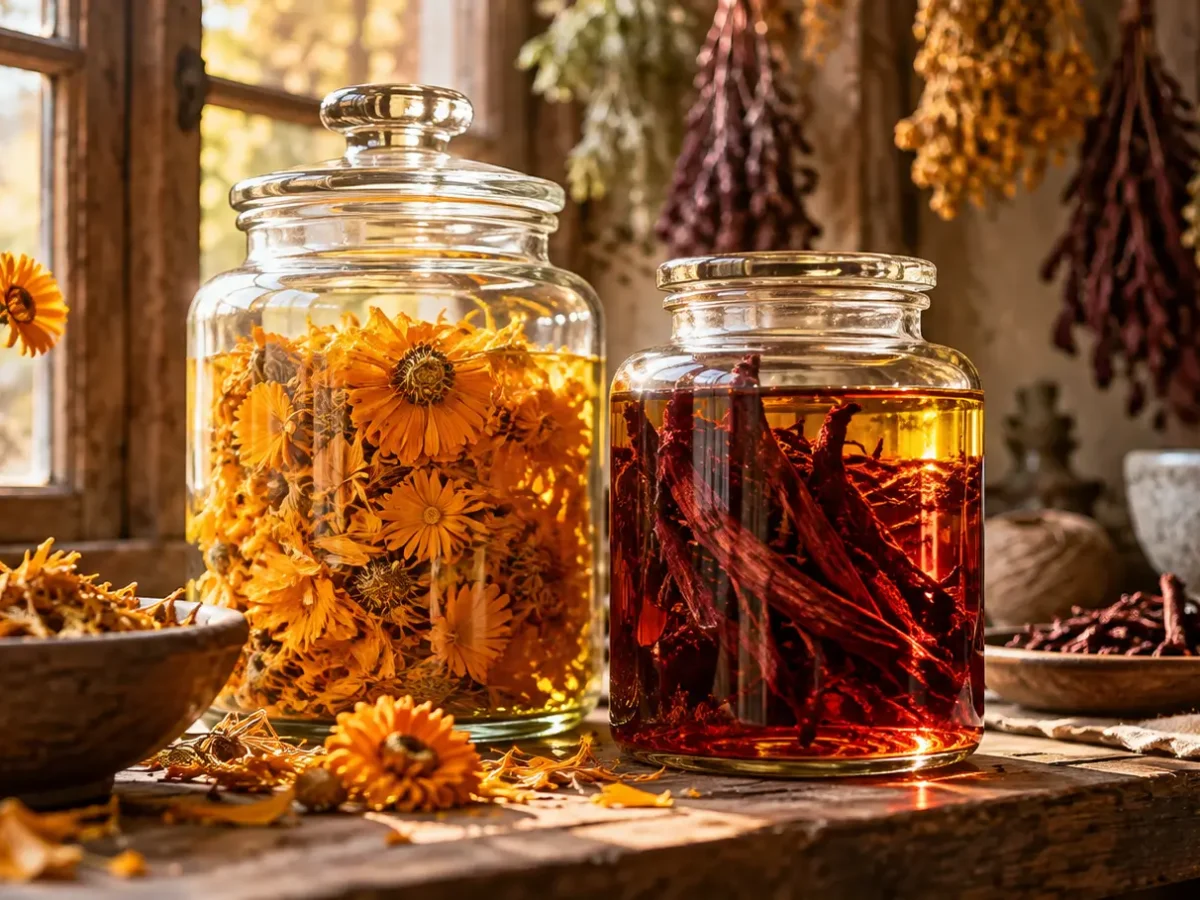 透明玻璃密封罐中浸潤著金黃金盞花瓣與深紫紅紫草根，在陽光照射下折射出琥珀紅寶石般透亮植物油之手作工坊形象圖