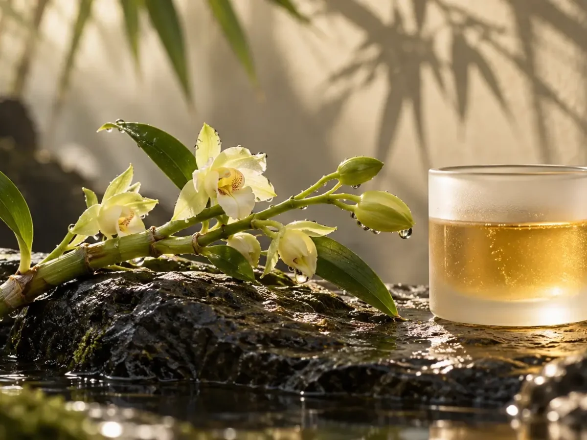 清晨露珠晶瑩附著於深綠色鐵皮石斛蘭花莖上，身旁搭配盛裝微分子金色發酵精華液之極簡玻璃器皿情境圖