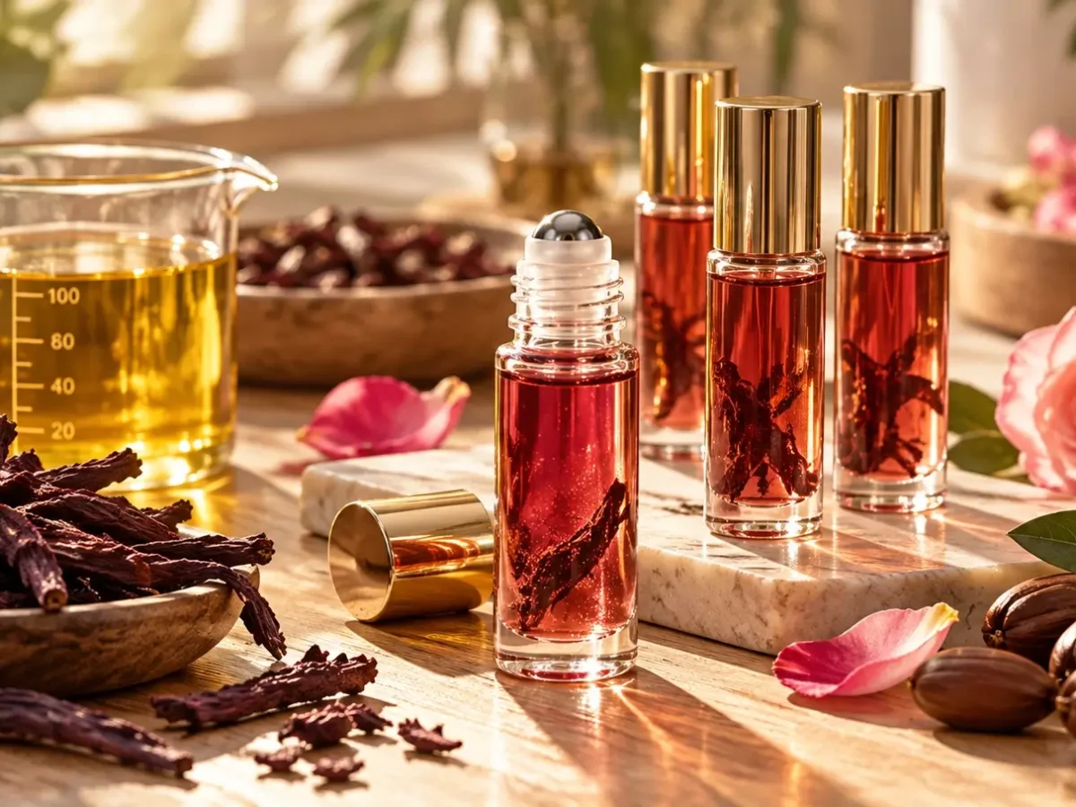 透明玻璃滾珠精油瓶中盛裝著晶瑩透亮的雙層琥珀紅寶石植物潤唇油，身旁點綴乾燥紫草根與金黃荷荷芭油滴管之手作工坊形象圖