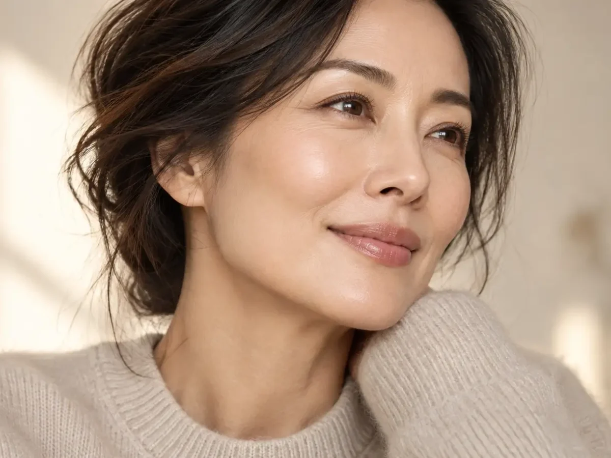成熟女性優雅側顏，晨光映照著平滑緊緻、嘴角自然自然微微上揚且無木偶紋之從容自信笑容形象圖