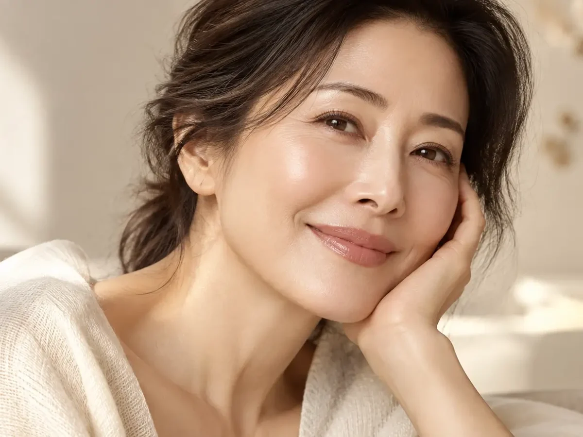 成熟女性優雅微笑側顏，晨光映照著細膩緊實、無泛紅乾癟之健康飽滿肌膚屏障形象圖