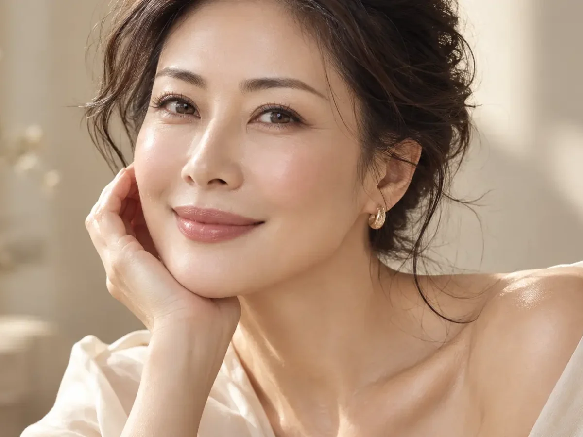 成熟女性優雅側顏微笑，晨光勾勒出平滑緊緻、無深刻法令紋與下墜感之飽滿蘋果肌形象圖