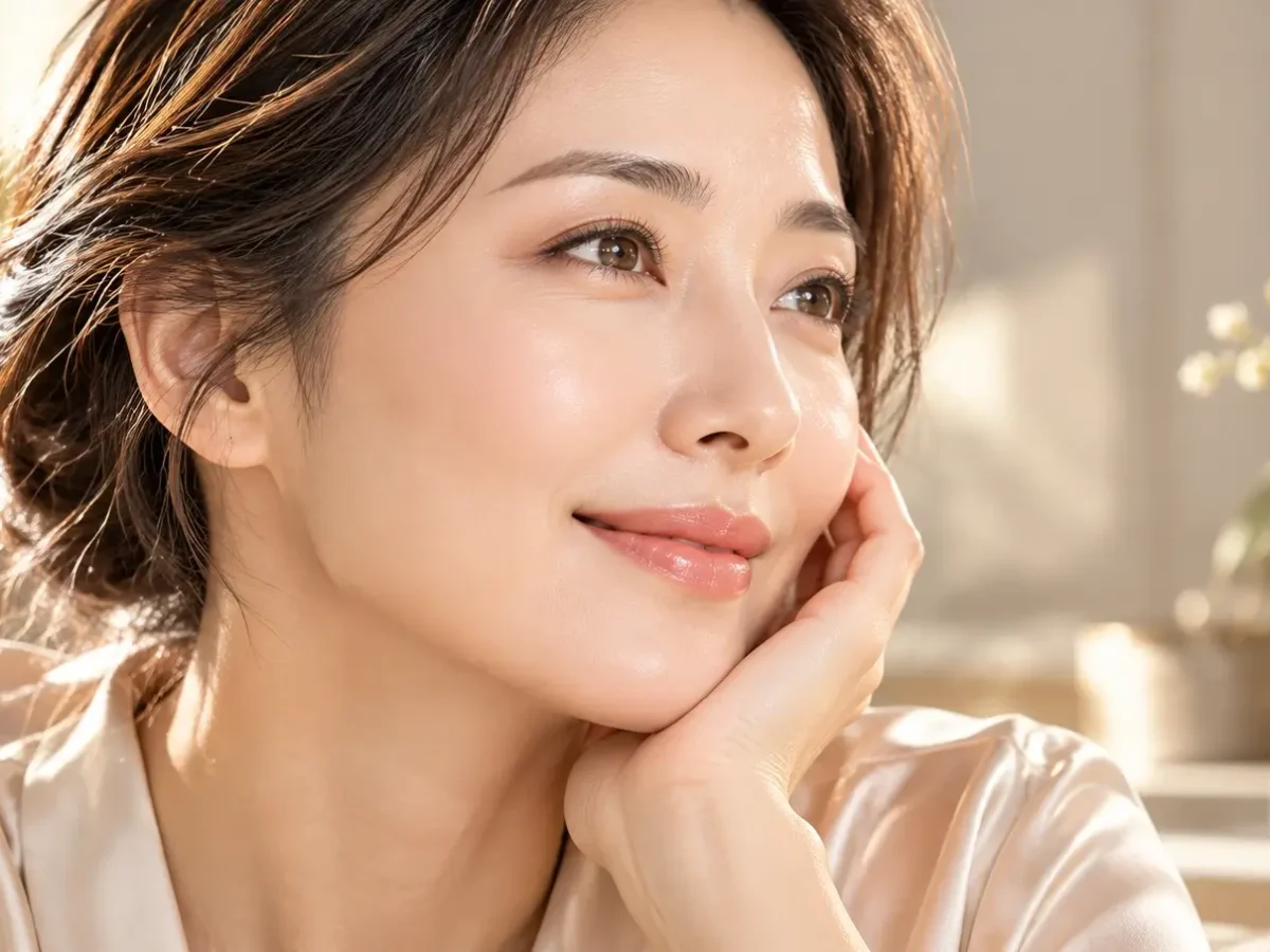 成熟女性優雅微笑側顏，晨光映照著平滑緊緻、無眼袋浮腫與深黑淚溝之明澈雙眸形象圖