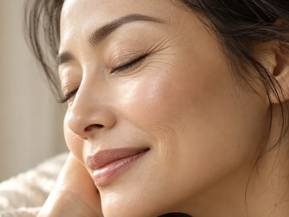 成熟女性優雅側顏，柔和晨光映照平滑緊緻、無乾紋卡粉之明亮眼周肌膚形象圖