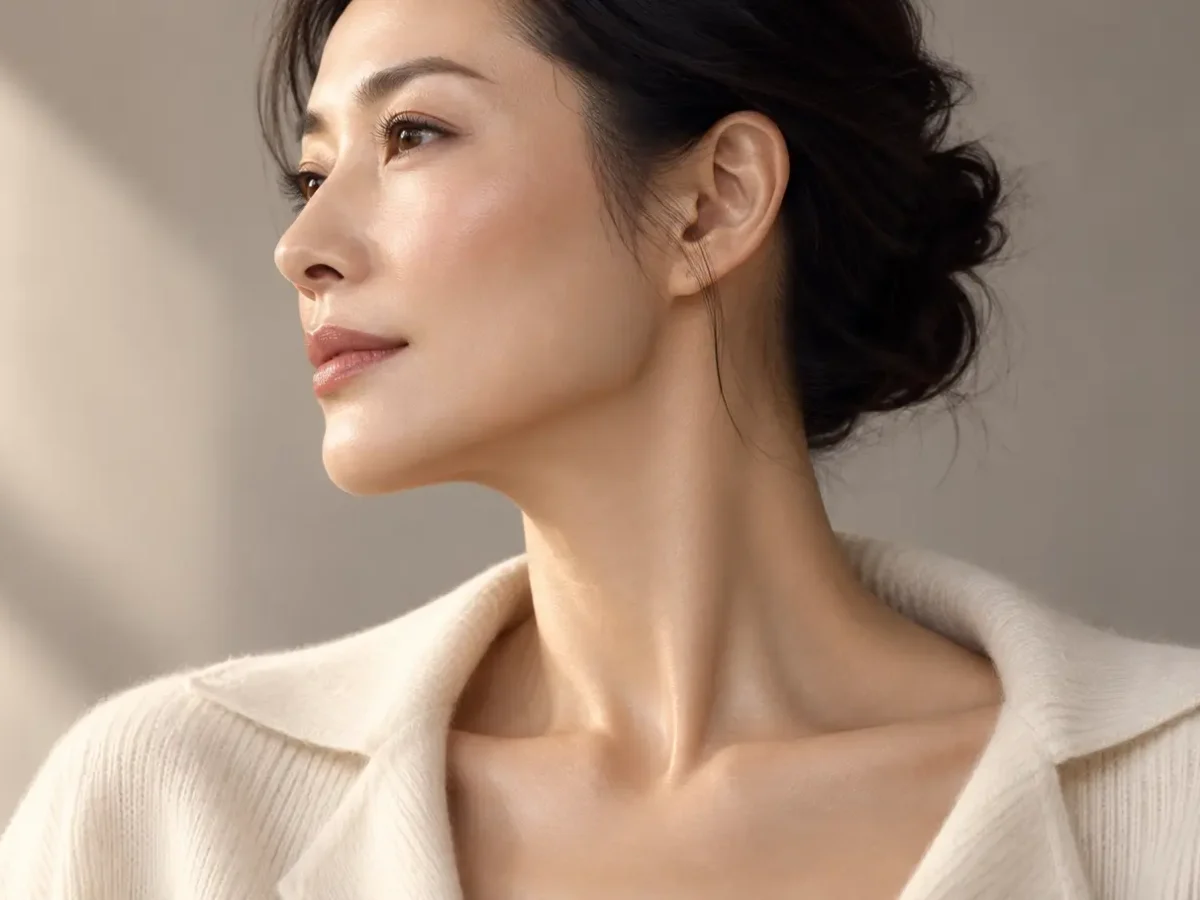成熟女性優雅昂首微側臉龐，晨光勾勒出平滑緊緻、無深刻橫紋之白天鵝頸與清晰下顎線形象圖