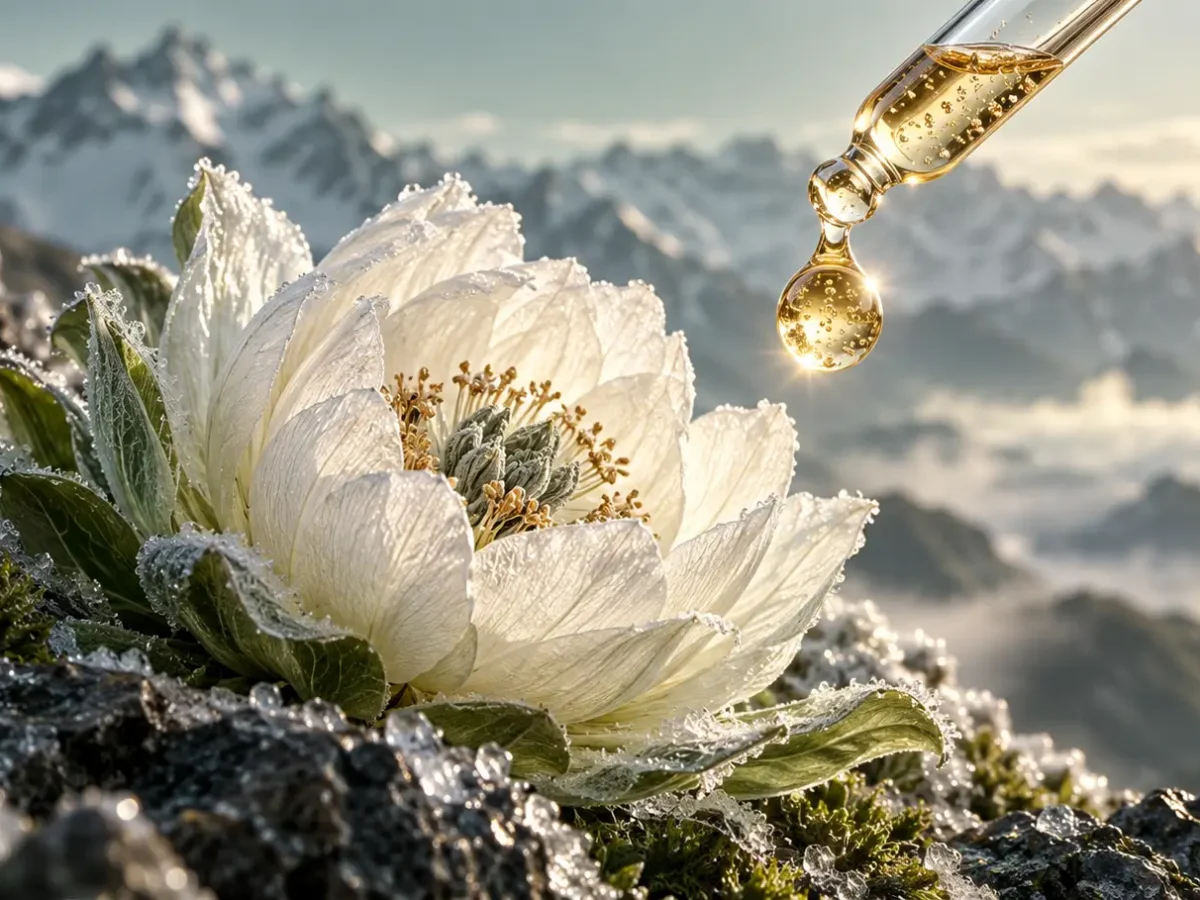 冰雪覆蓋的高山岩石旁綻放的純白雪蓮花，與透明玻璃滴管滴下晶瑩金色微囊精華之極地科研保養情境圖